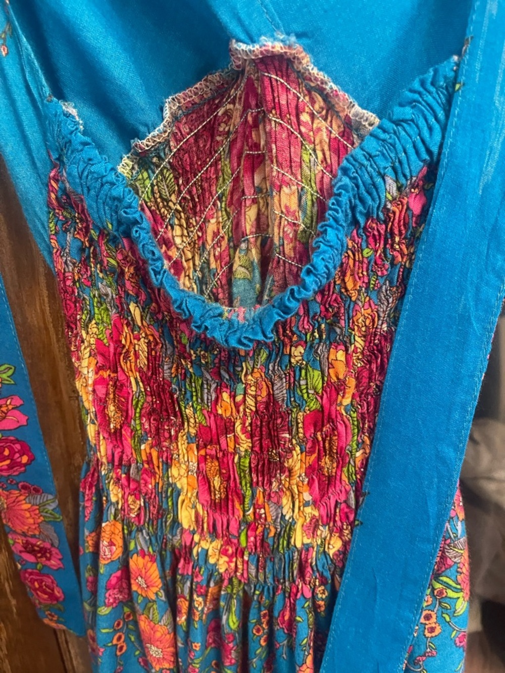 Bohemian Deep V Halter Maxi Dress, Royal Blue with VIBRANT Floral Design, - Picture 7 of 7